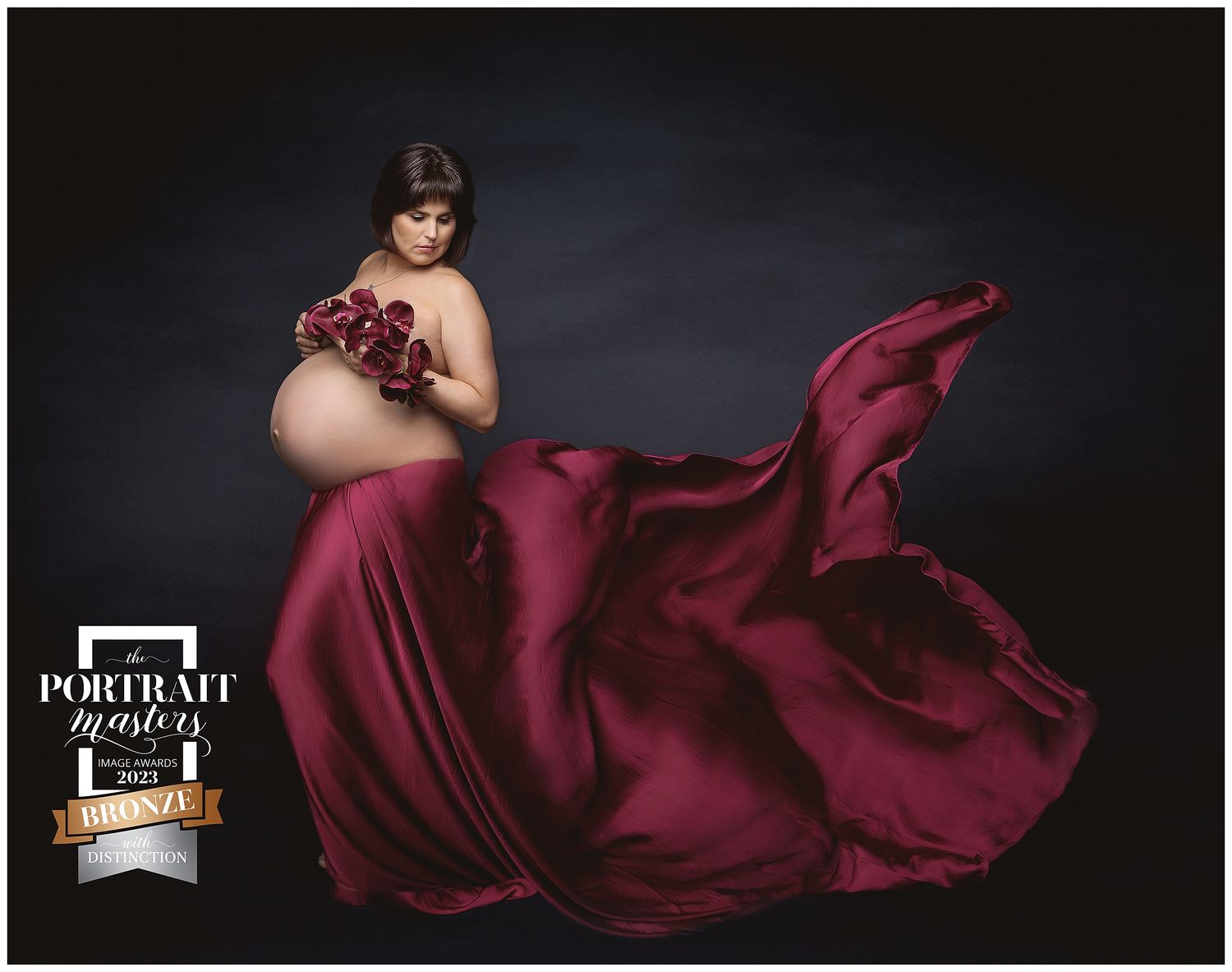 dramatic fabric toss maternity photo, satin fabric tied at waist topless mom bare belly austin texas