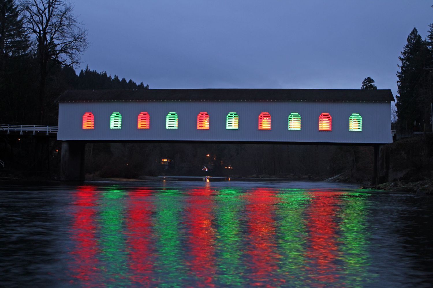 Historic Goodpasture covered bridge at Christmastime, Oregon