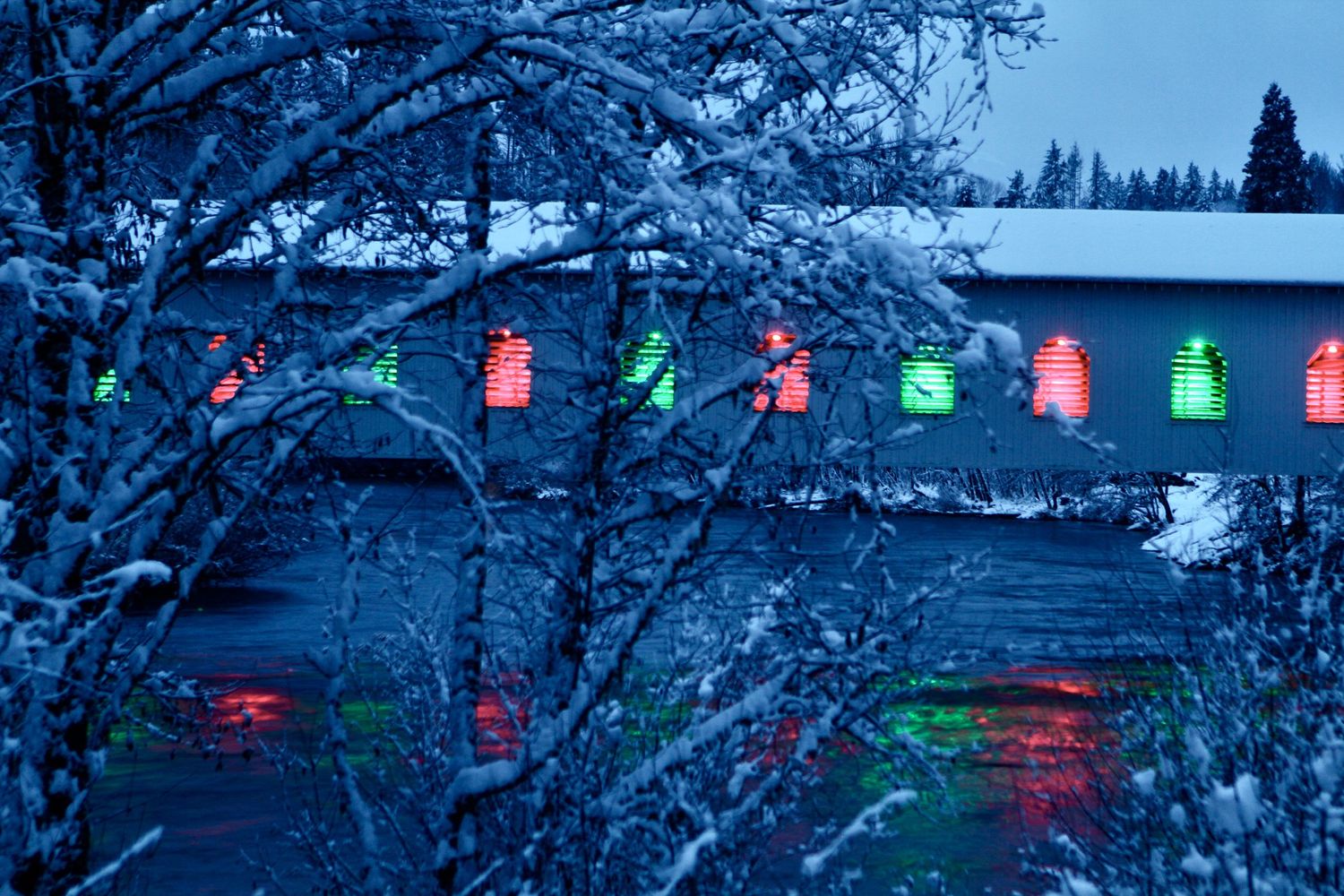 Snowy Goodpasture covered bridge, Oregon