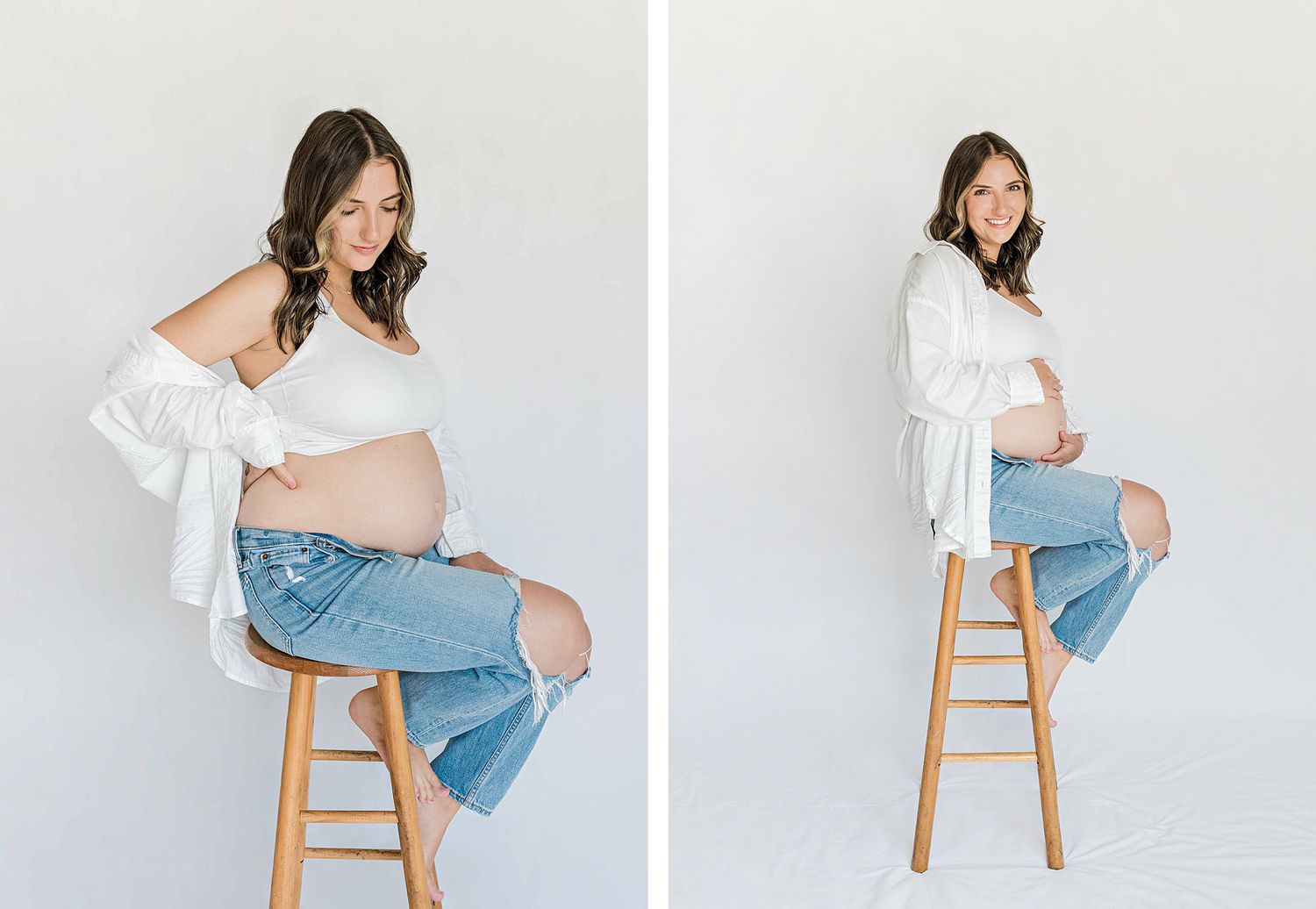 Side by side maternity portraits of woman in casual white outfit on wooden stool.
