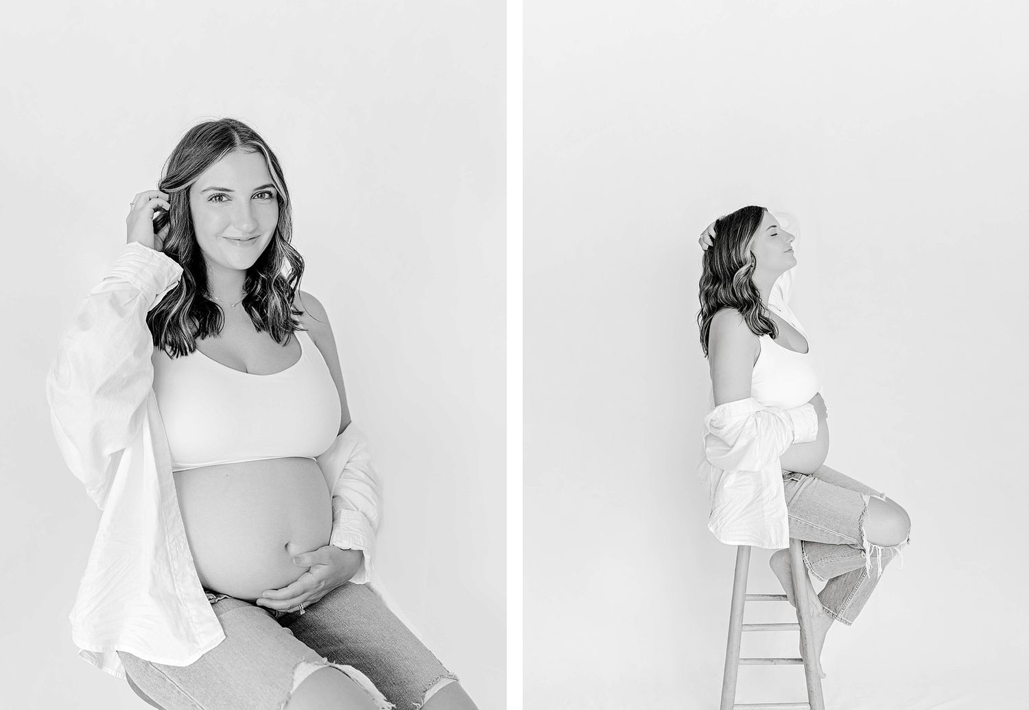 Black and white diptych of maternity portraits showing artistic poses on stool.