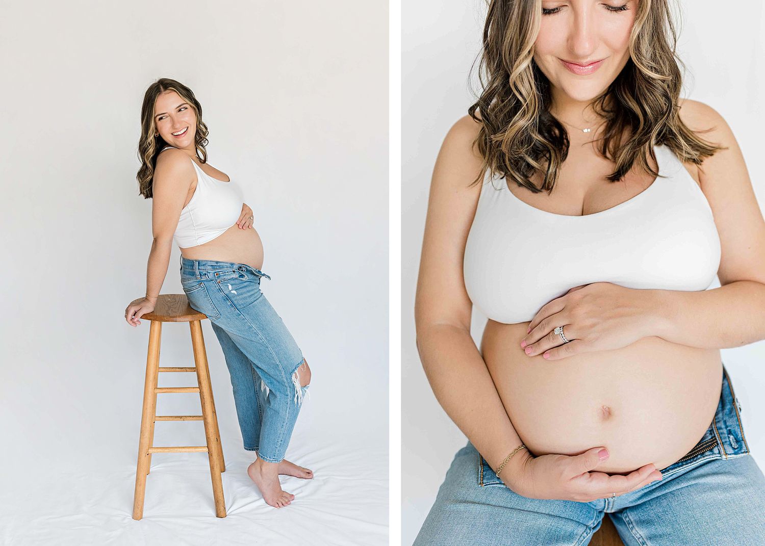 Diptych combining full body and close up maternity portraits in casual style.