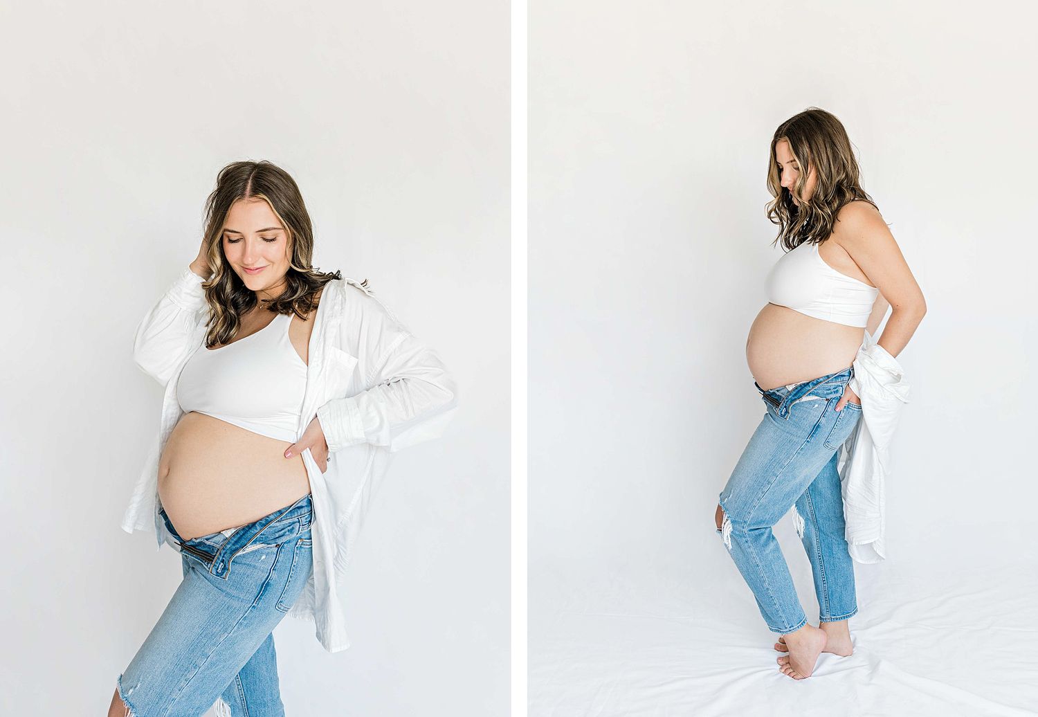 Split-panel maternity photos showing casual style with white top and distressed jeans.
