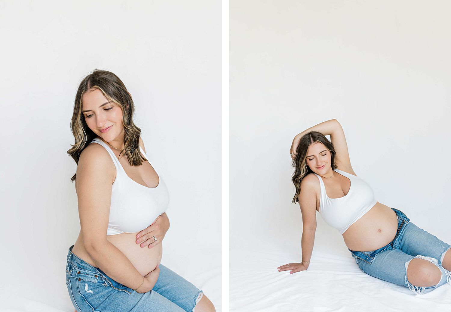 Dual maternity poses showing casual style against white studio backdrop.