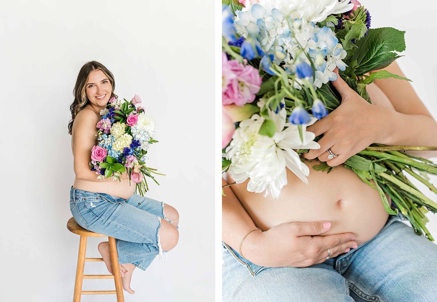 Side-by-side maternity portraits showing closeup details of a vibrant bouquet against light studio backdrop.