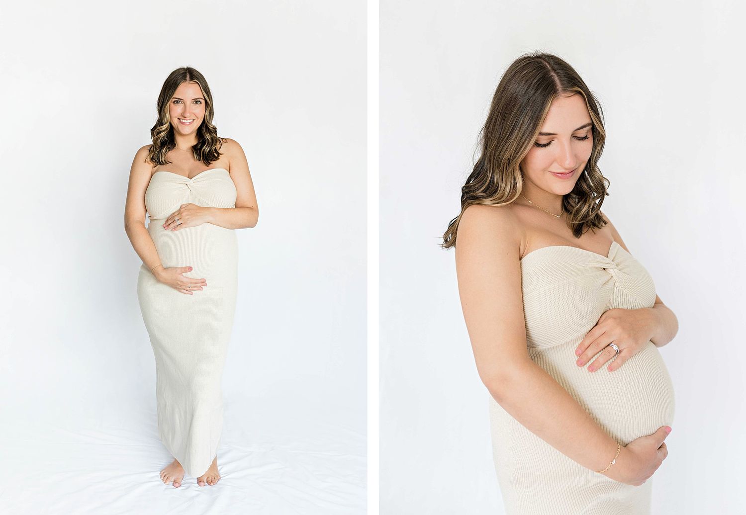 Classic maternity studio portraits in cream dress showing full length and close up compositions.