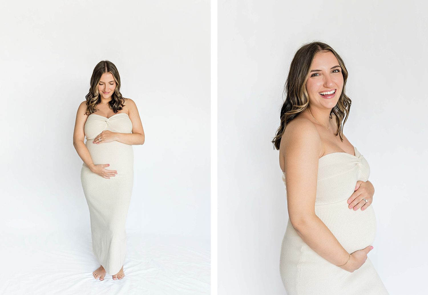 Side by side maternity portraits showing full length and close up poses in cream dress.
