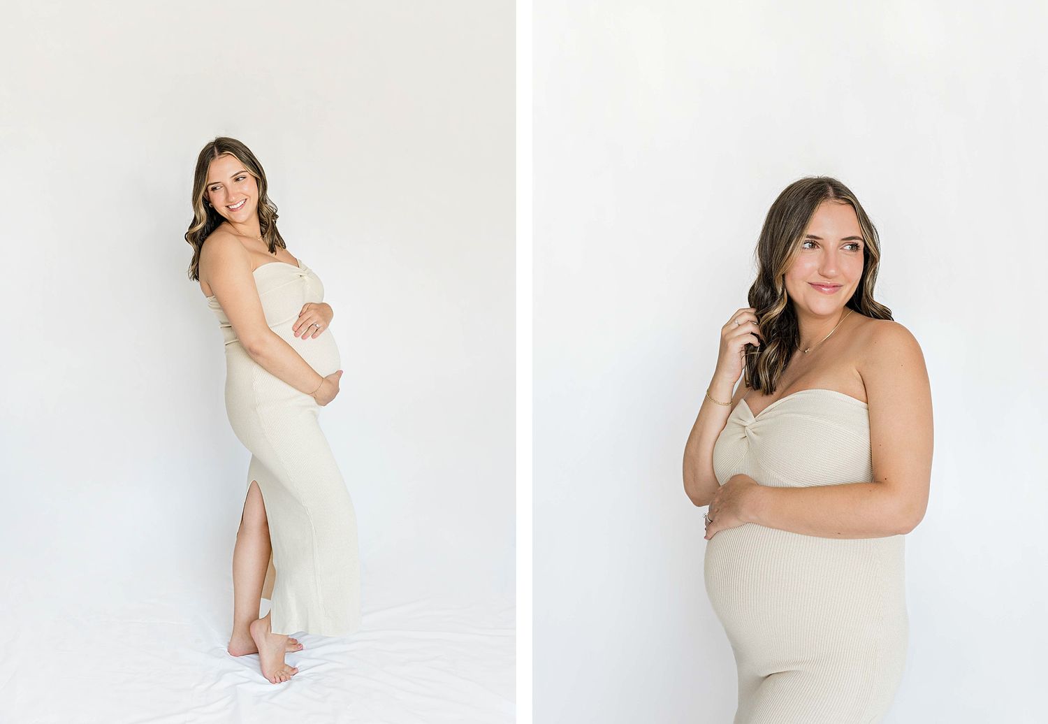 Dual composition maternity portraits showing different angles in cream floor-length dress.