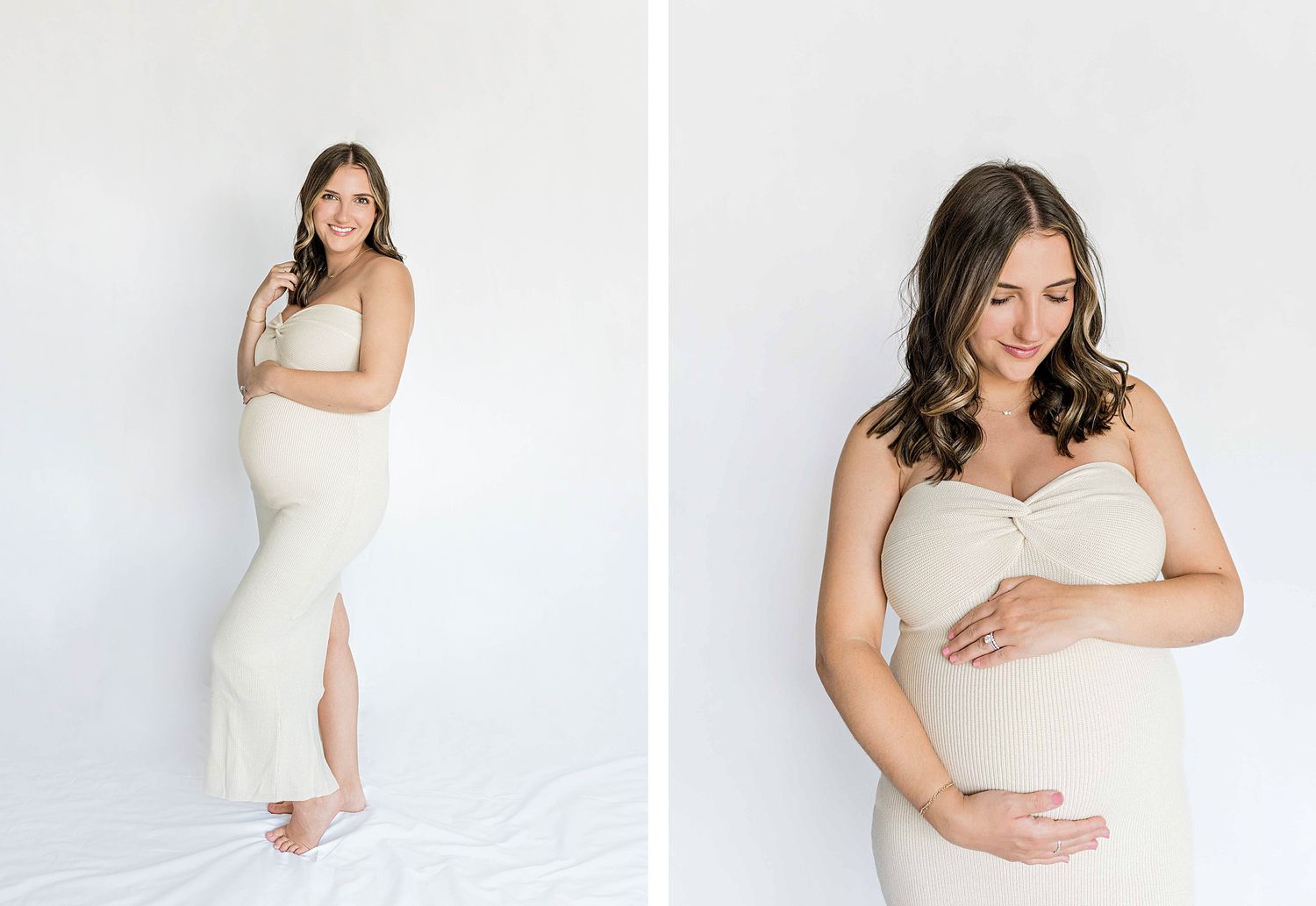 Two elegant maternity photos showing a woman in a white dress against a light background.