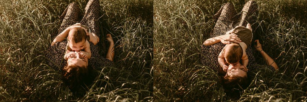 Two artistic overhead shots in tall grass during golden sunset light.