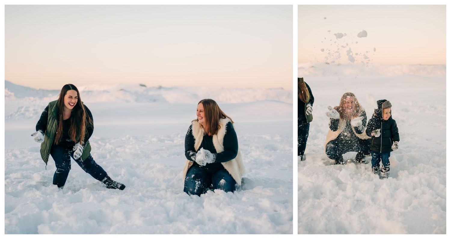 collage of two adult sisters and their nephew playing in the snow on a snowy beach at sunset