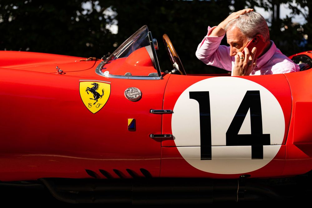Row of classic Ferrari race cars displaying iconic racing numbers and livery.