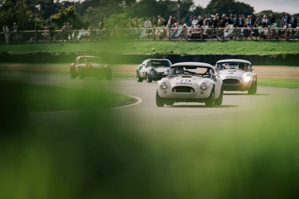 Classic sports cars racing on a green racetrack during a vintage motorsport event.