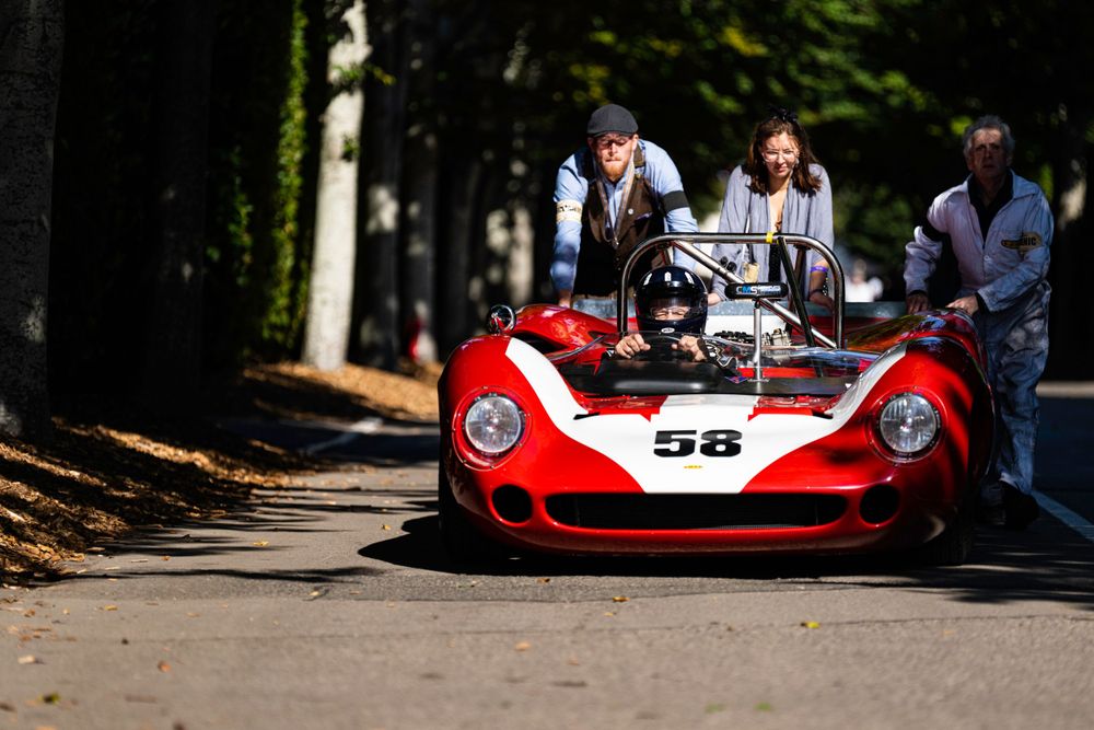 Classic racing cars lined up at a vintage motorsport event under tree cover.