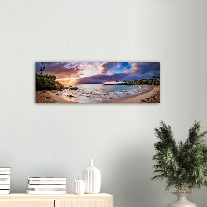 Kapalua Bay Beach in Maui Hawaii at sunset with clouds and palm trees; available for purchase