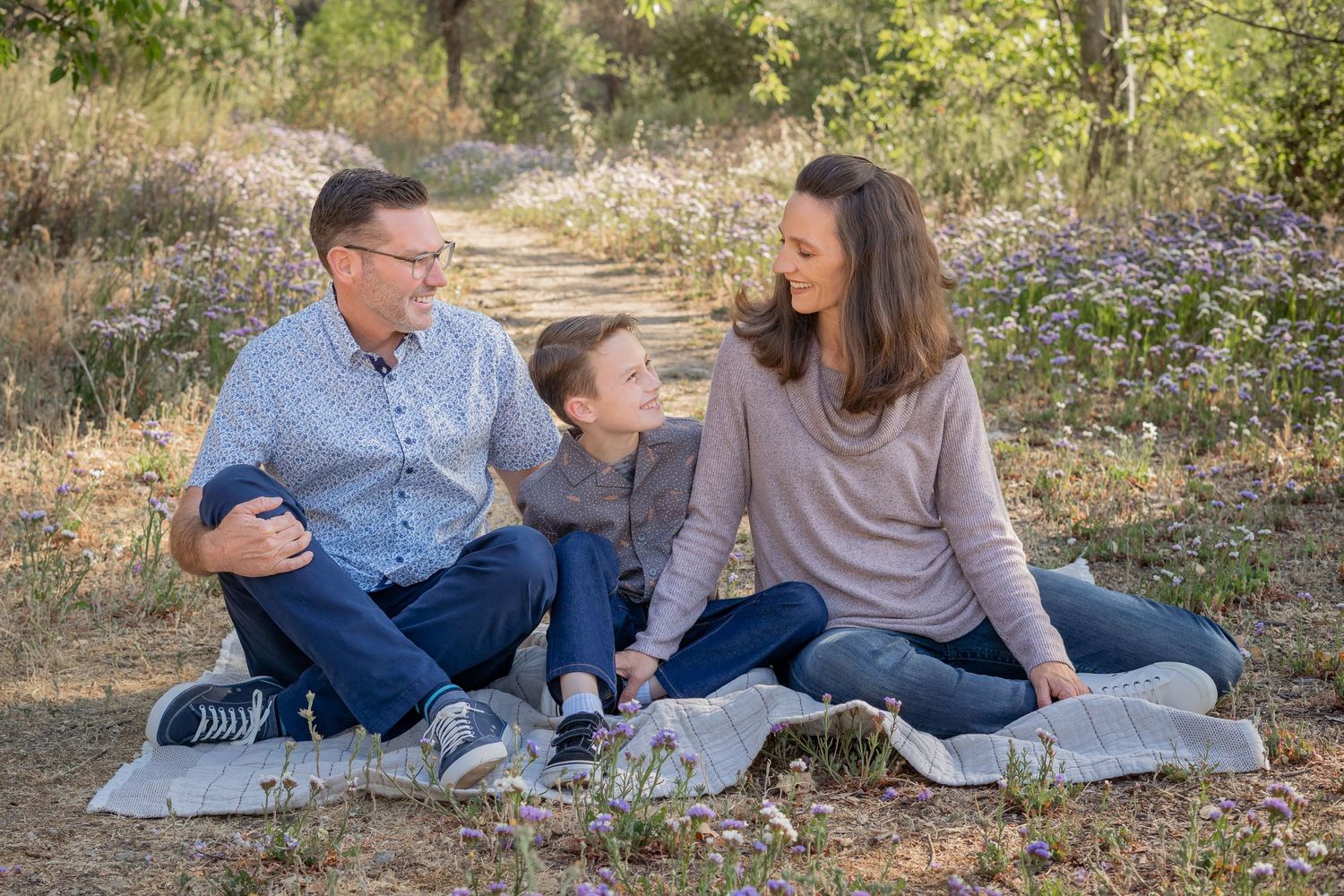 Rachel Aranico Photography, Family, Parents with Son on Blanket, Wildflowers