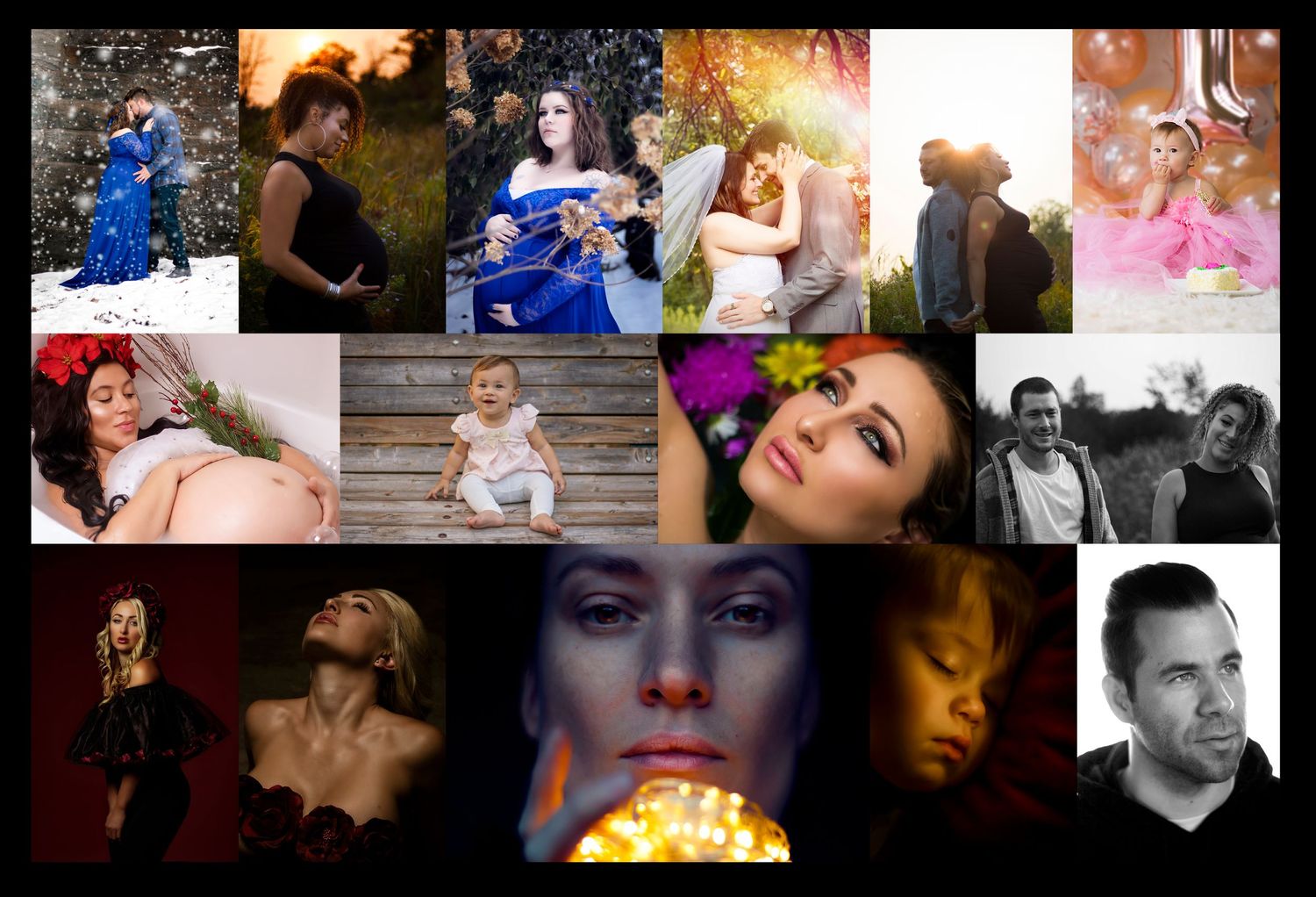 Collage of artistic portrait photographs with dramatic lighting and poses.