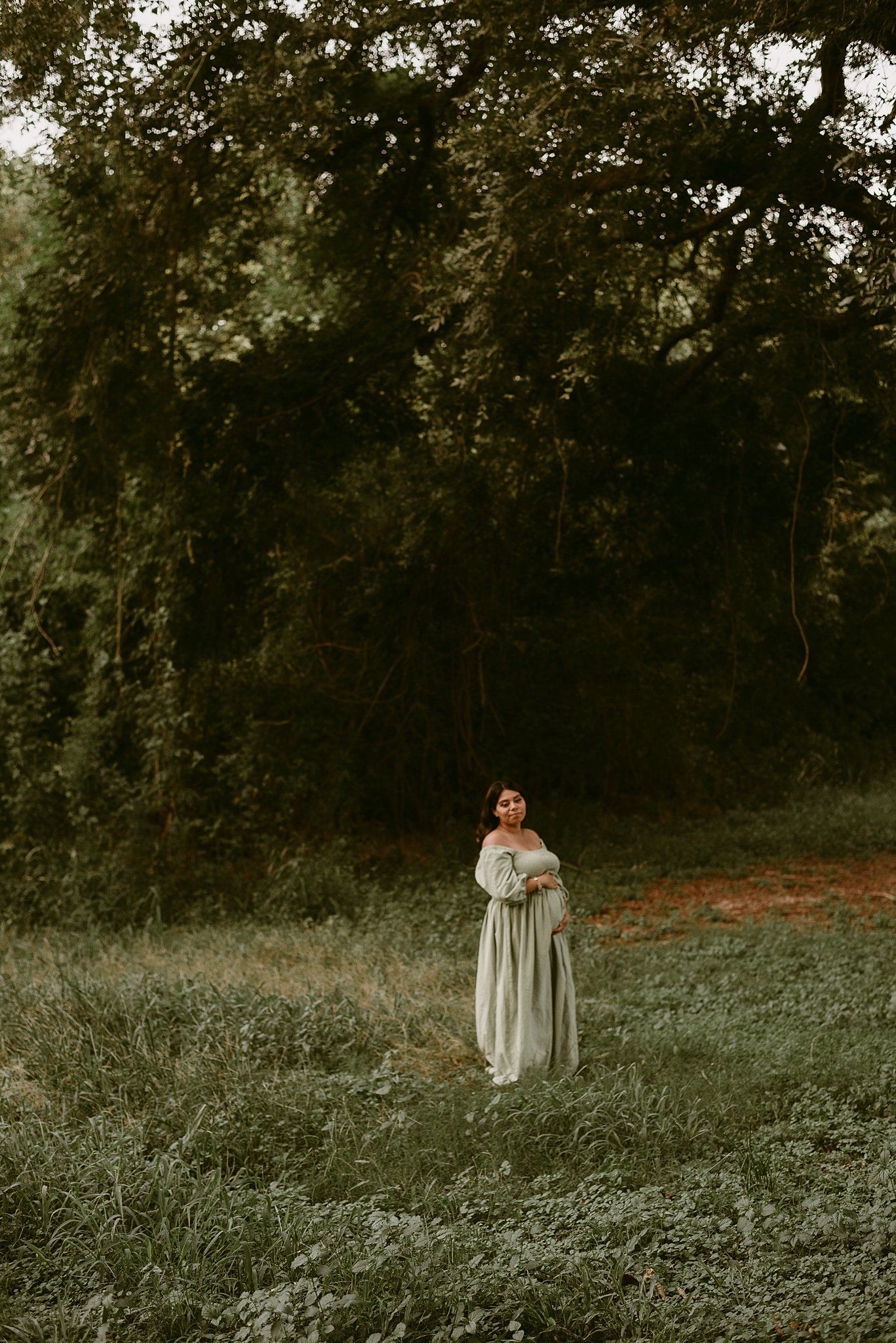 A person in a flowing dress stands alone in a mystical wooded setting.