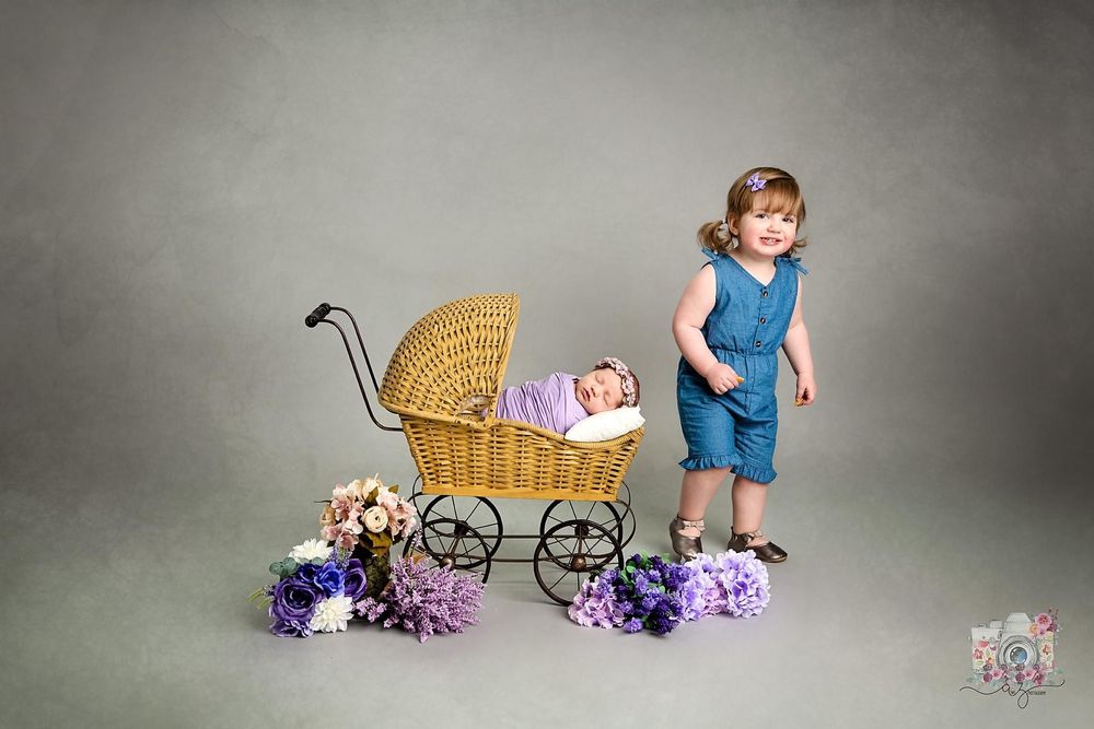 Vintage scene with wicker pram, purple flowers, and children against grey studio backdrop.
