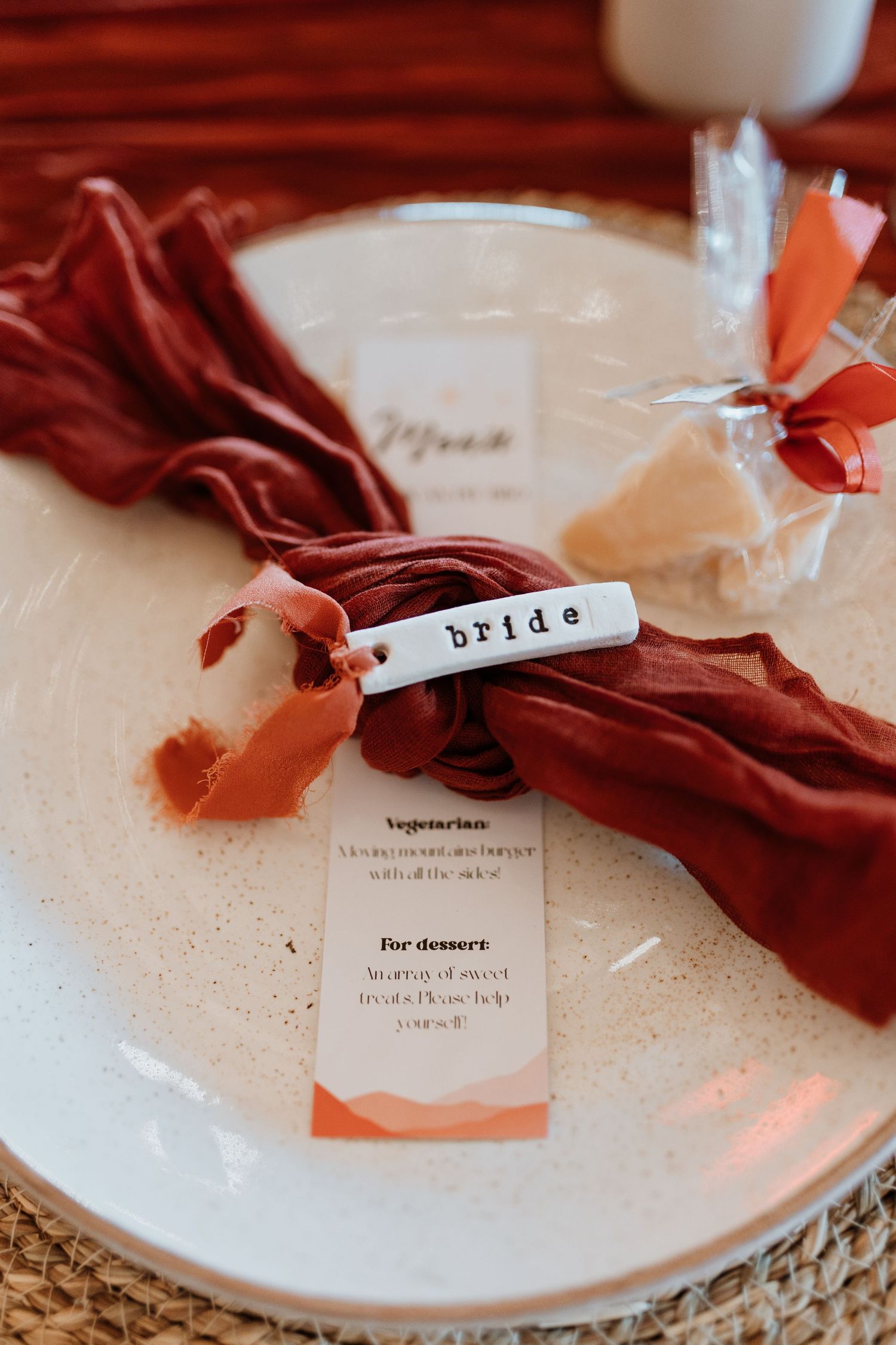 Burnt orange napkins and colour scheme at Stanford Farm, Halfway House