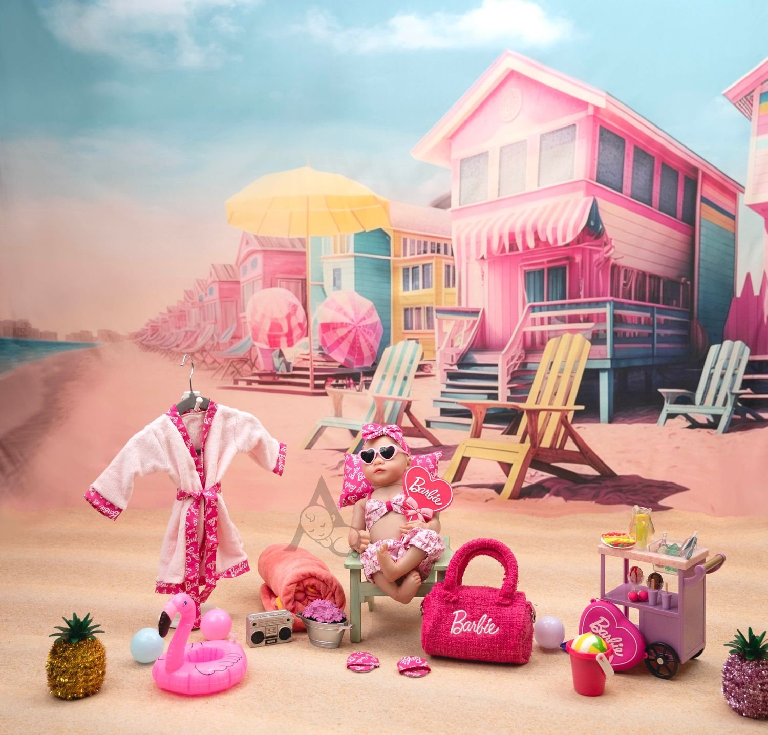 Beach scene with pink Barbie beach houses, accessories, and beach chairs in pastel colors.