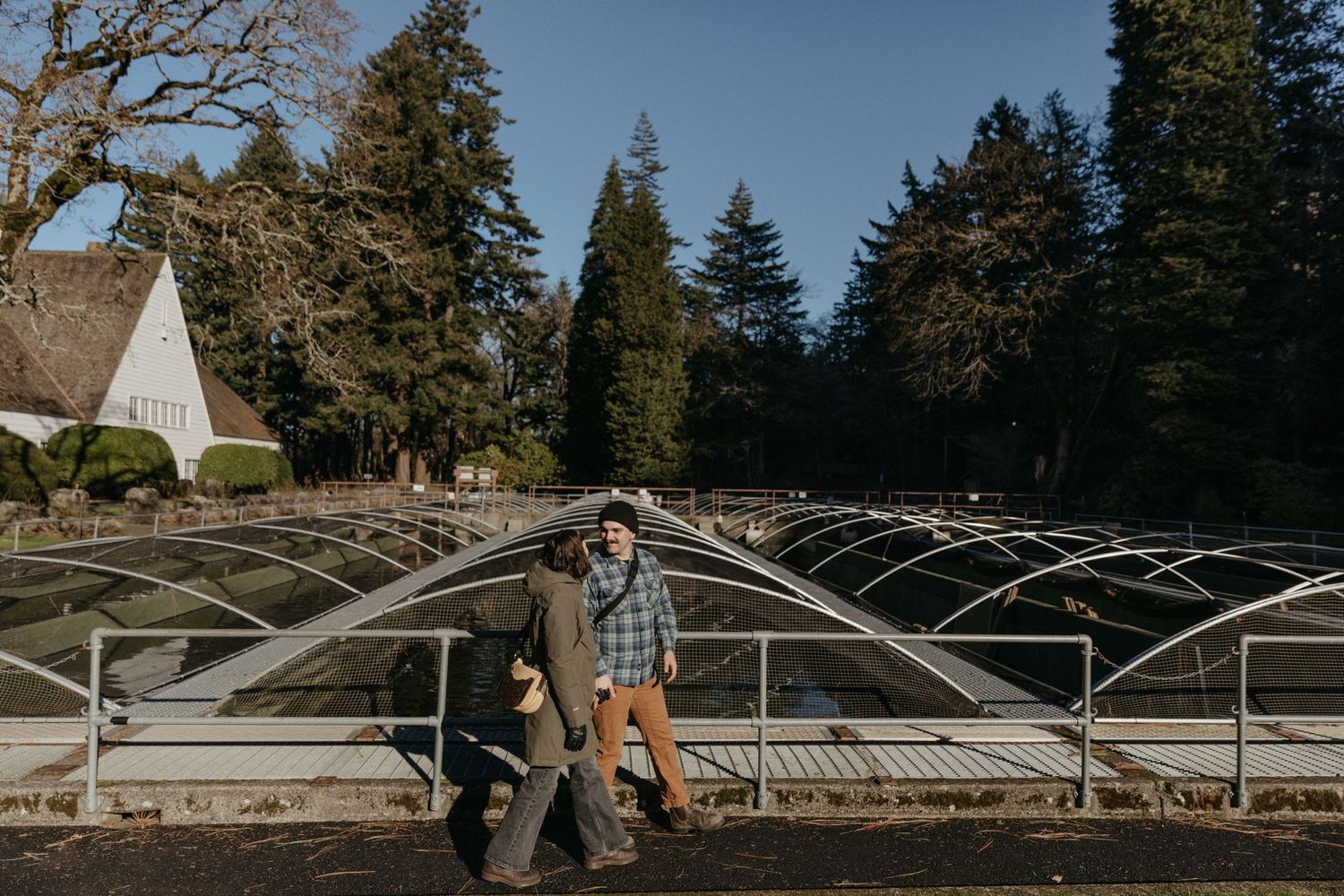 Couple walking together through an outdoor greenhouse structure with metal framework.
