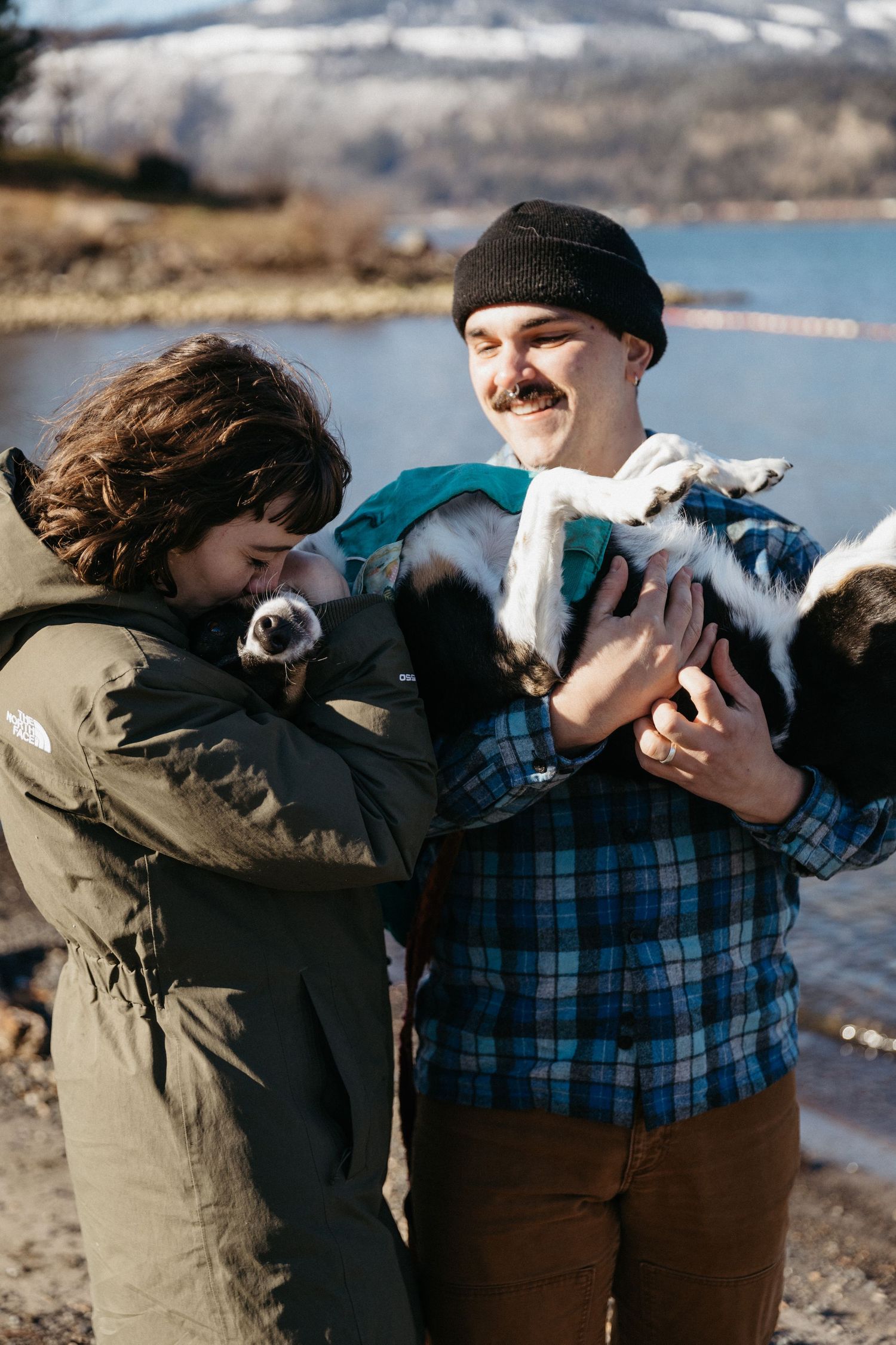 Couple holding happy dogs outdoors with snowy mountain landscape in background.