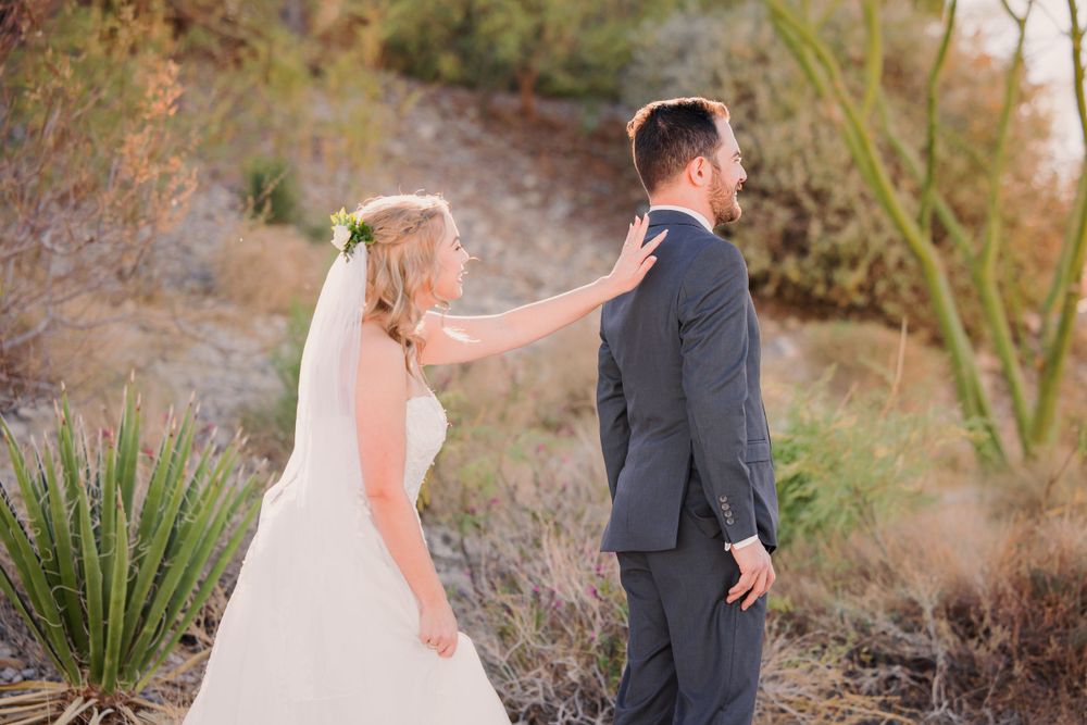 Wedding couple poses for romantic portraits in desert landscape during golden hour.