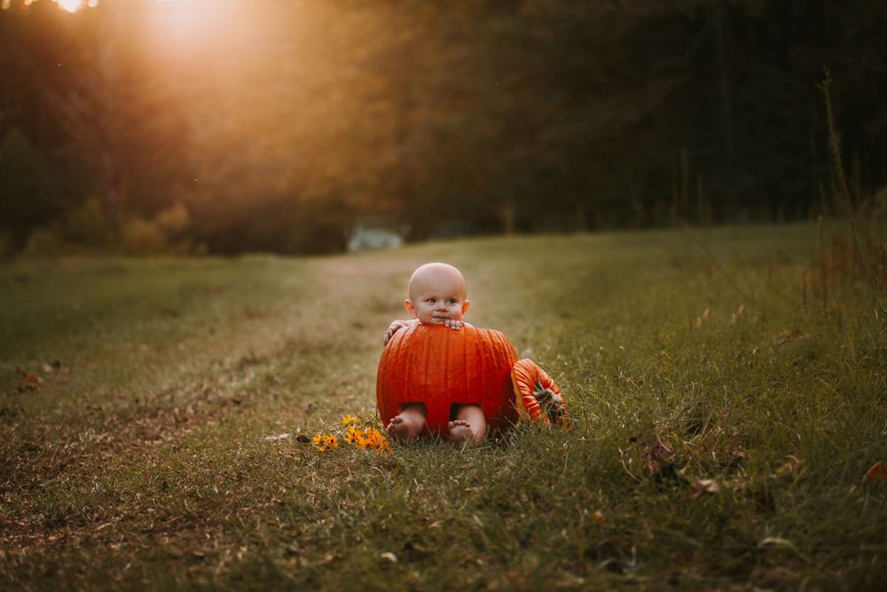 Small baby sits inside large orange pumpkin during autumn sunset photoshoot.