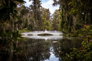 A picturesque white bridge spans a tranquil pond surrounded by Spanish moss-draped trees in a southern garden setting.