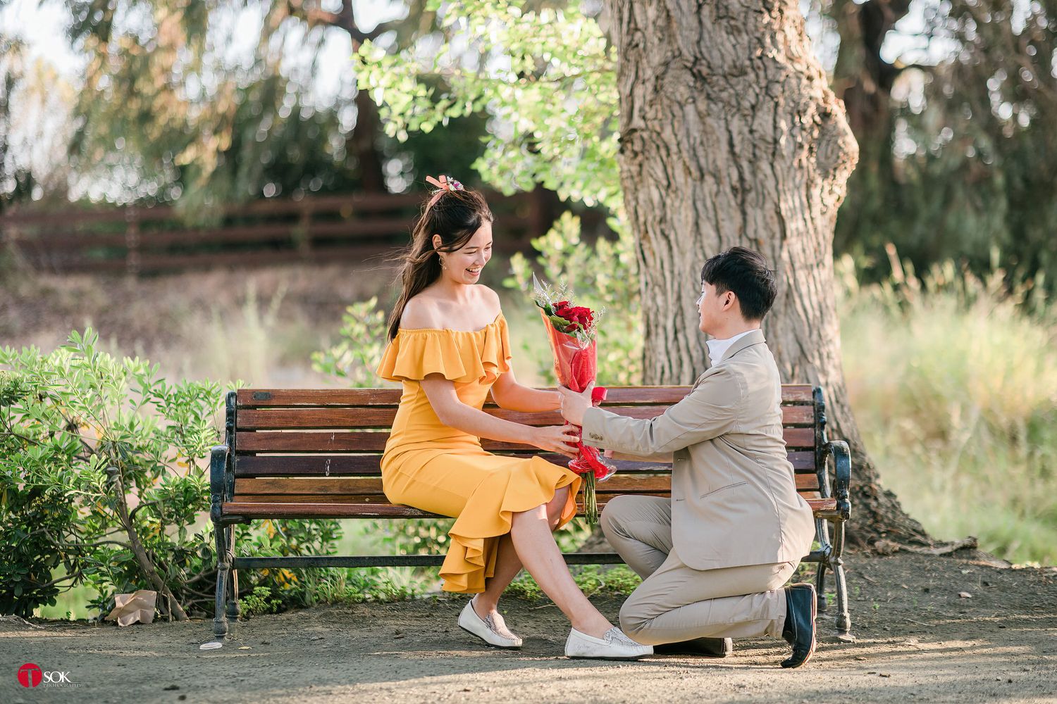 A romantic park scene with a person in yellow proposing on one knee to someone seated on a wooden bench.