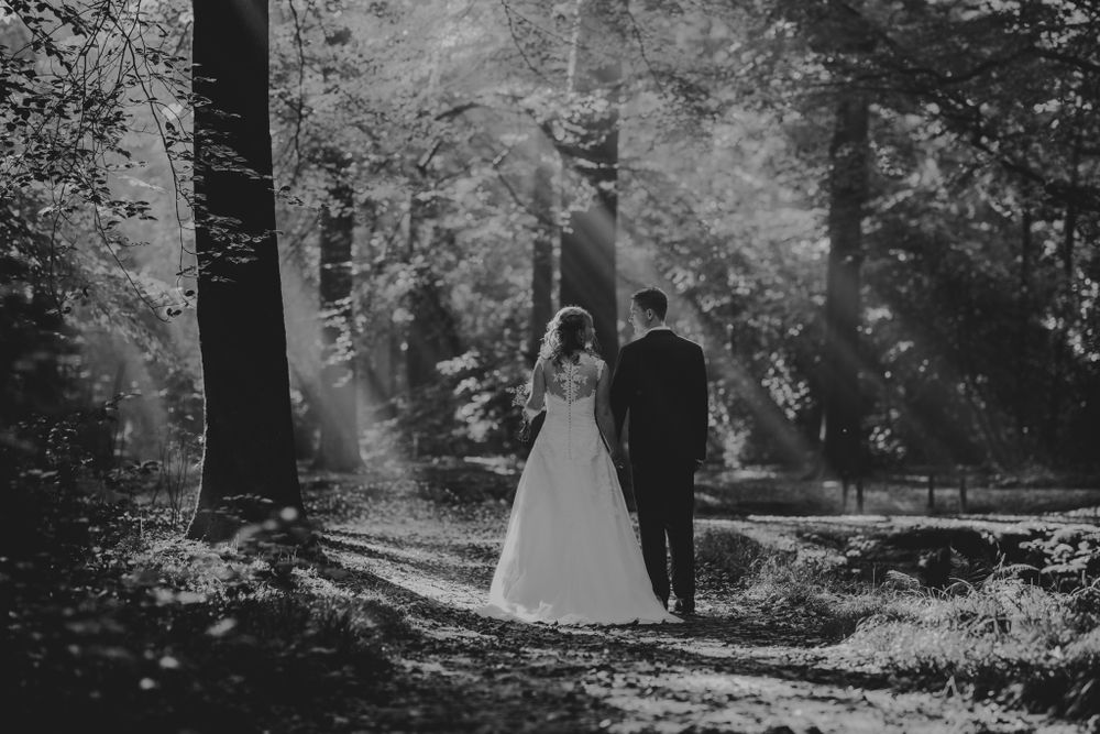 trouwfotograaf Drenthe - zonneharpen en jakobsladder tijdens trouwreportage in het bos