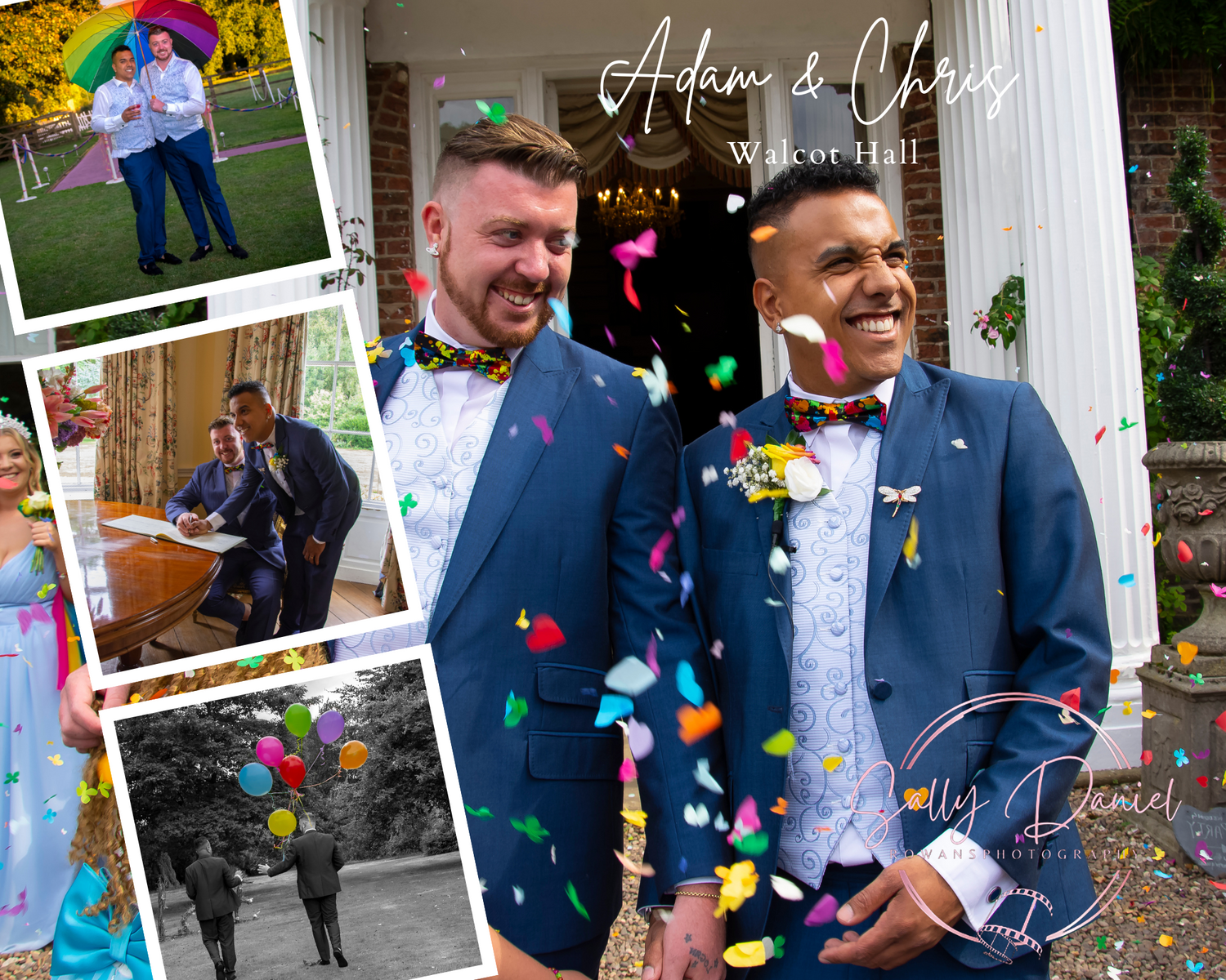 Wedding collage featuring two grooms in blue suits with confetti and multiple celebration shots.