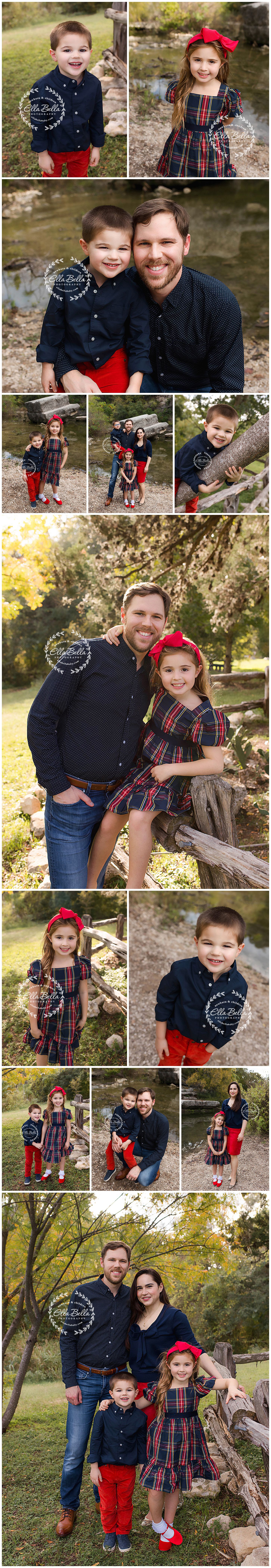 Family photo collection featuring navy and red holiday outfits in outdoor autumn setting.