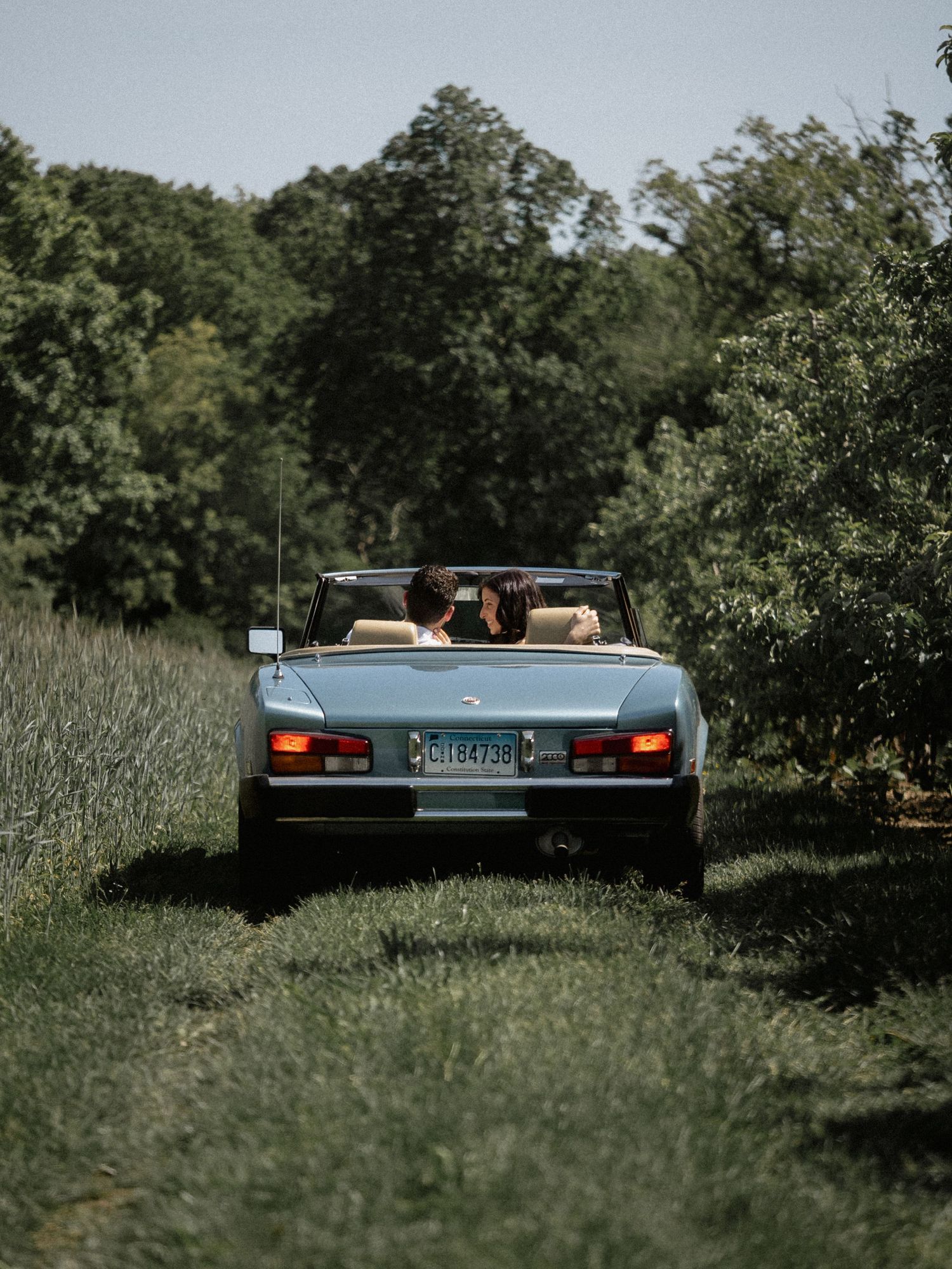 Rear view of a classic car parked in tall grass with trees in the background.