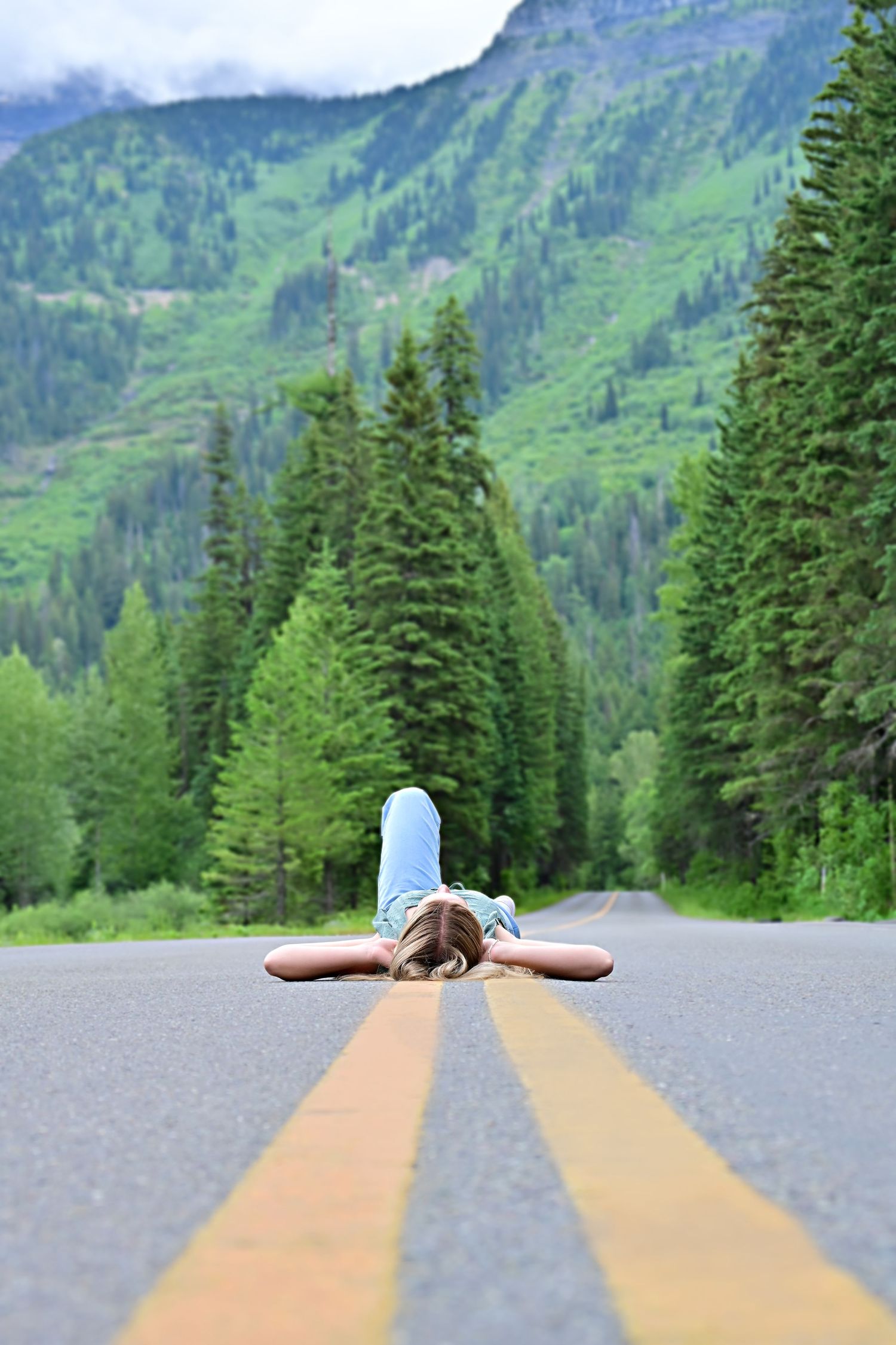 senior portrait Glacier National Park Montana
Laying on the yellow line