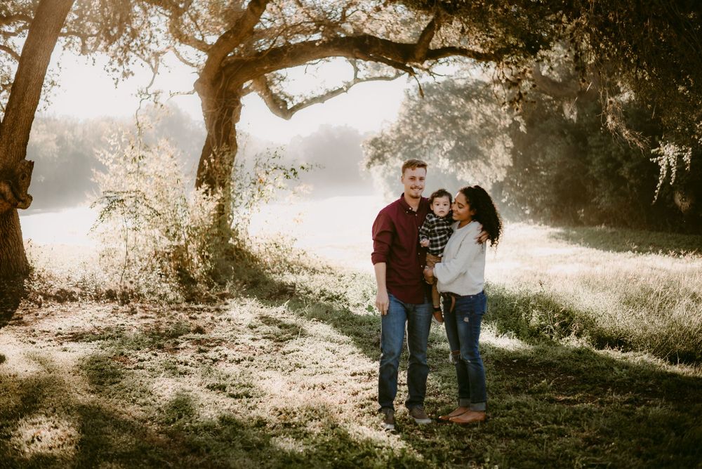 A couple sharing an intimate moment in a foggy wooded area during sunset.