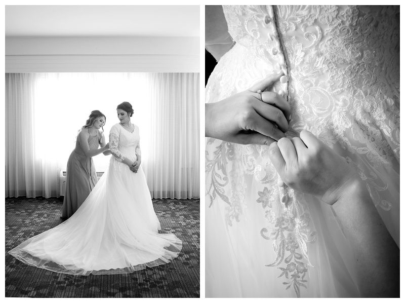 Series of artistic black and white photos showcasing wedding dress details.