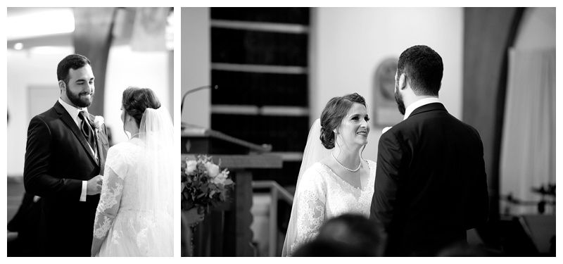 Series of candid black and white moments from a wedding ceremony.