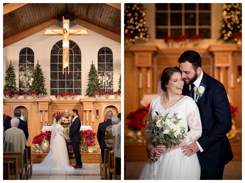 Church wedding ceremony photos showing decorated interior with Christmas trees and arched windows.