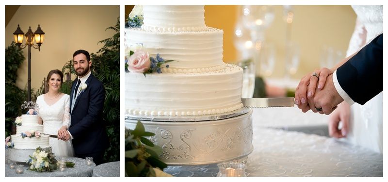 A wedding collage featuring a couple outdoors and an elegant white tiered cake being cut.