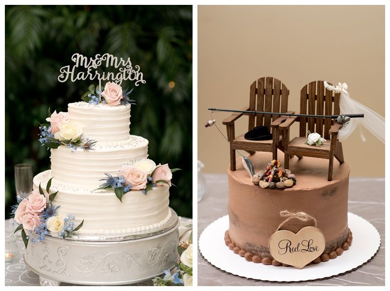 Two wedding cakes - one white with floral decorations and one chocolate with Adirondack chair topper.