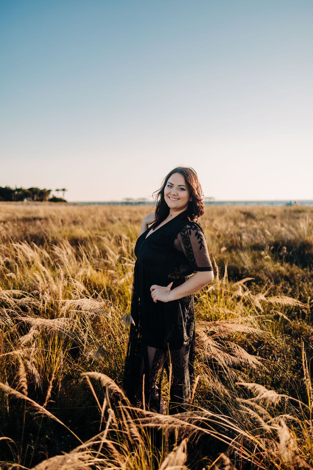 Golden sunlit field with tall wheat grass swaying in the breeze during sunset.