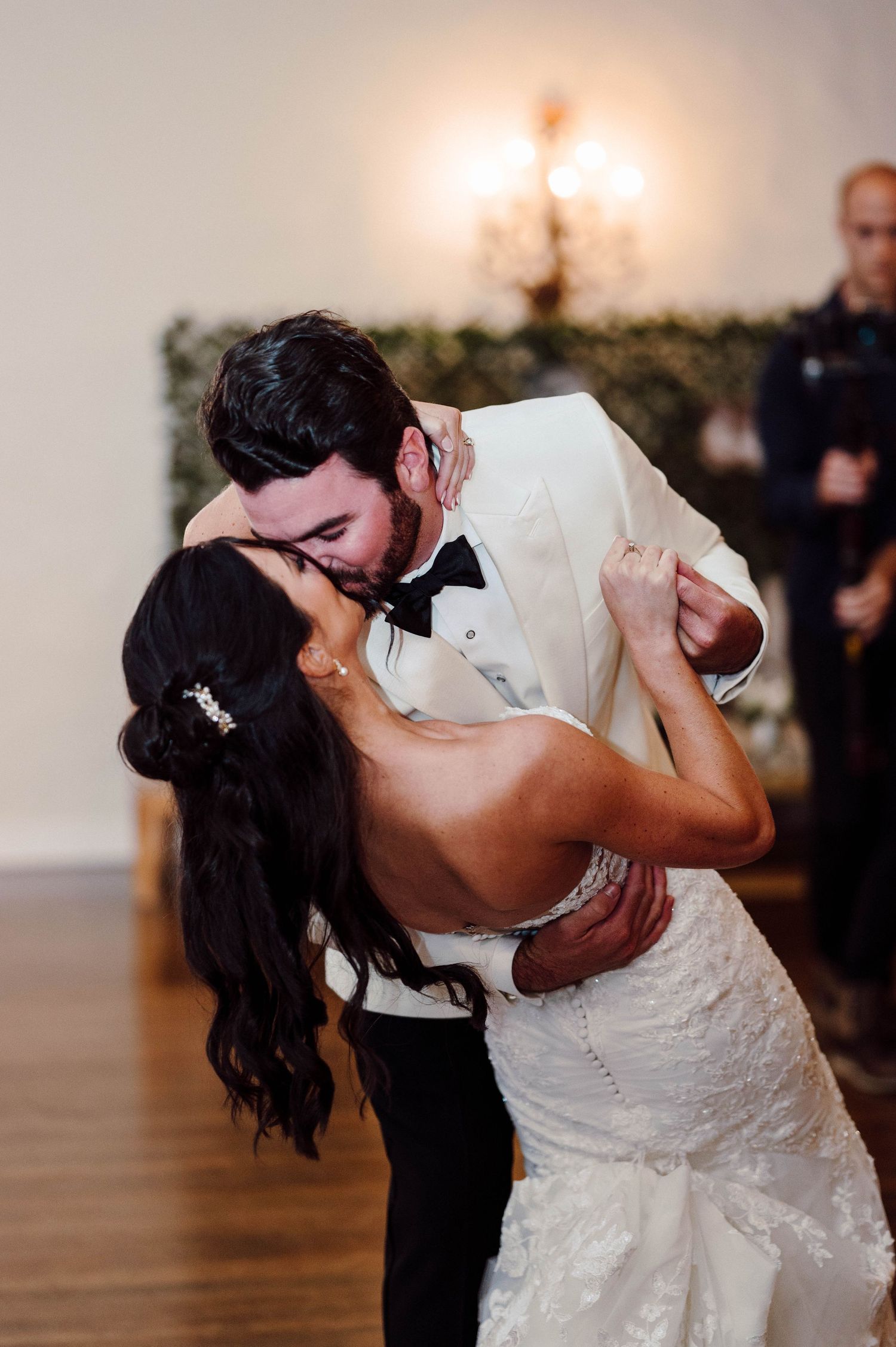 Bride and Groom dip kiss