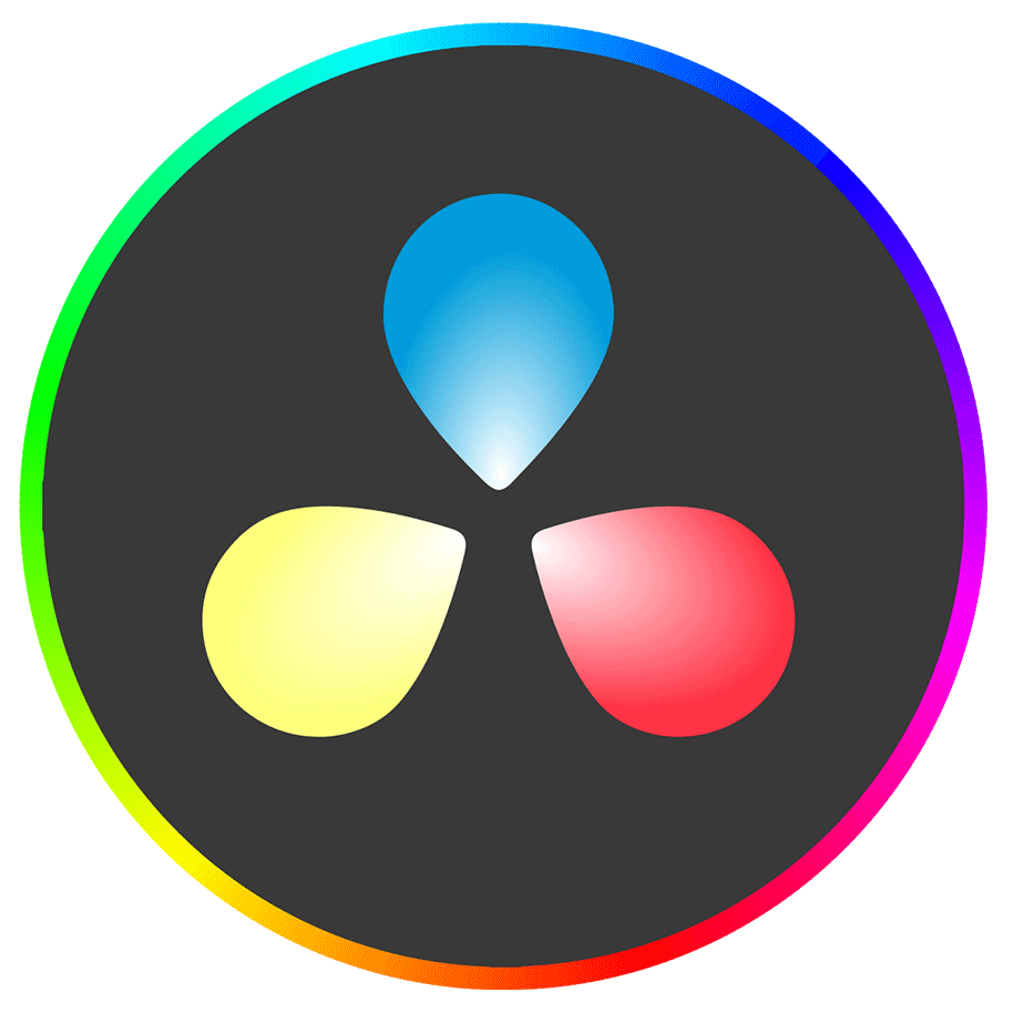 DaVinci Resolve logo featuring three teardrop shapes in red, yellow, and blue arranged in a circular pattern.
