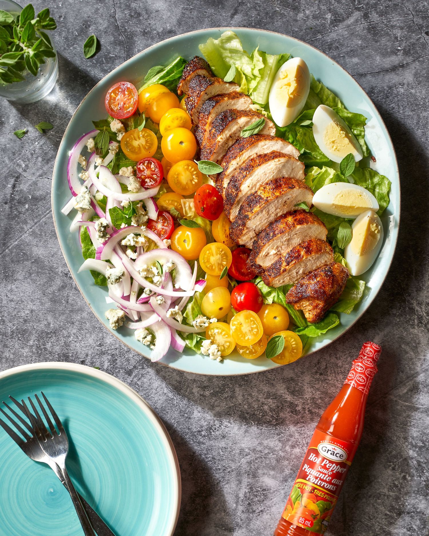 Colorful Mediterranean grilled chicken salad with tomatoes and red onions served on turquoise plates with hot sauce.