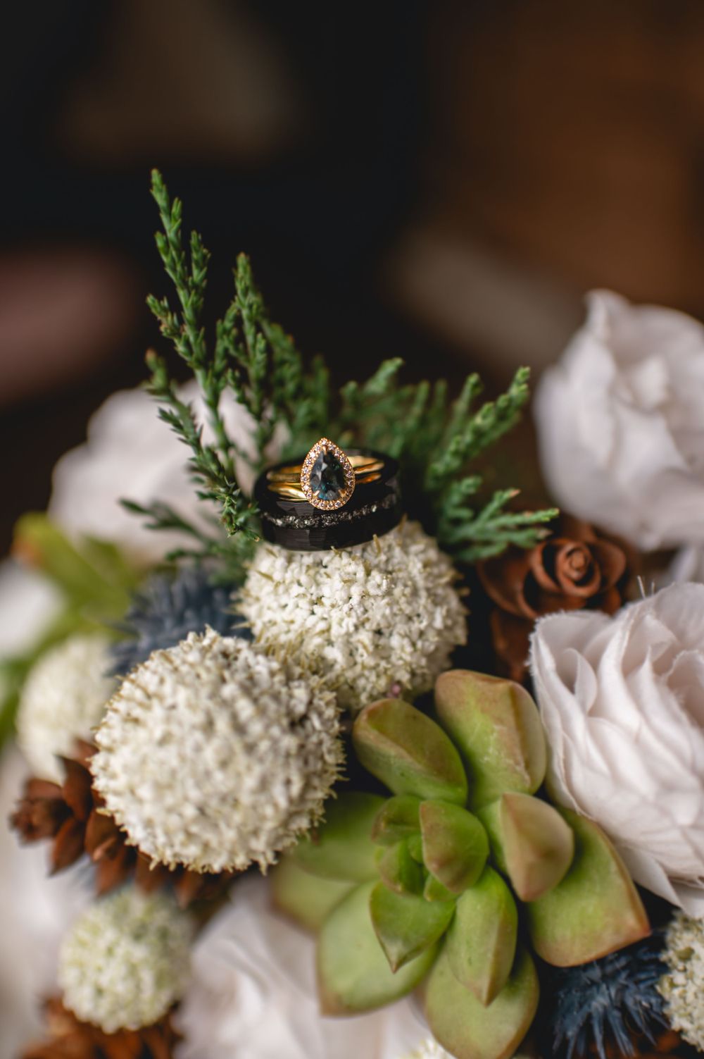 Wedding rings displayed on white flowers with succulents and pine sprigs in elegant arrangement.