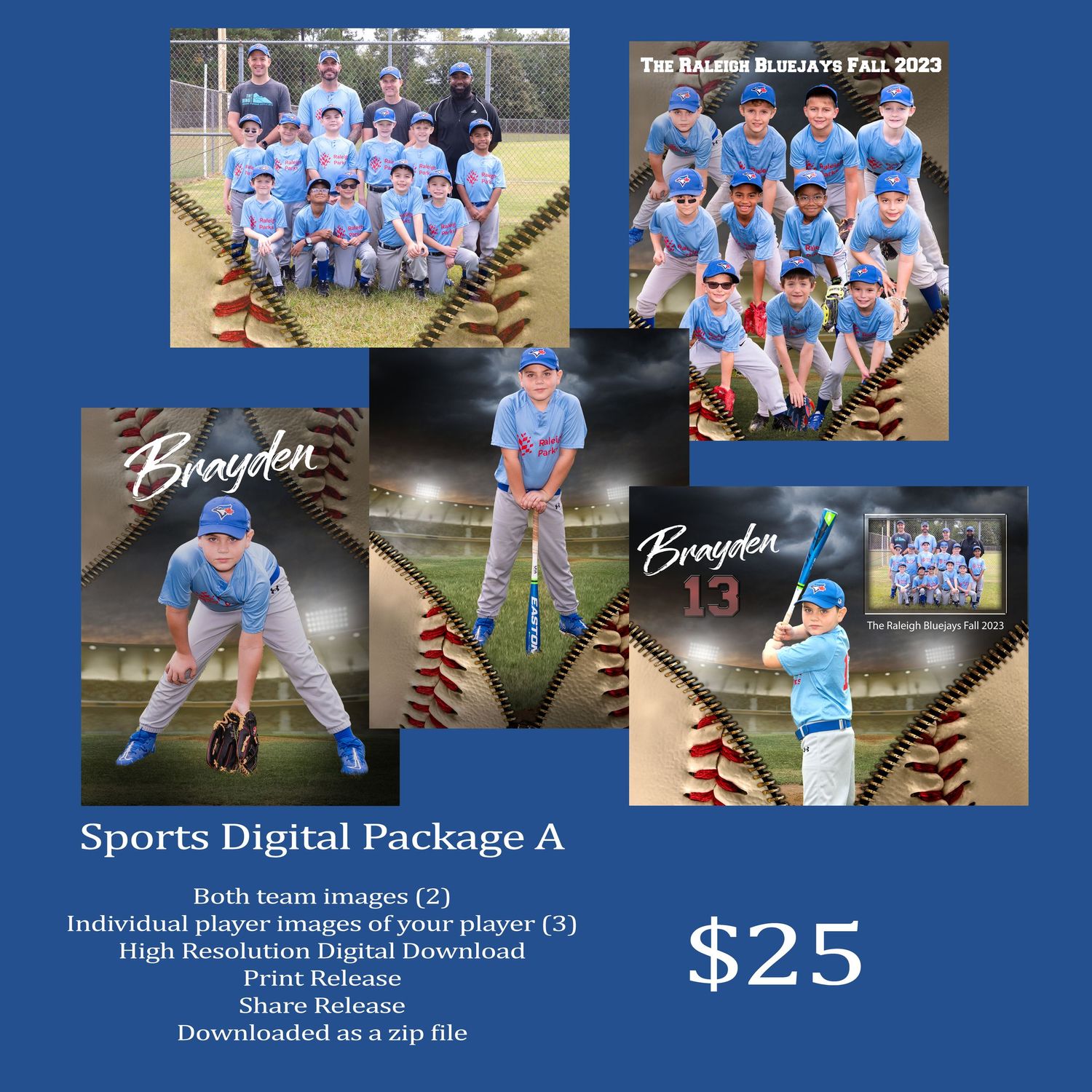 Sports photography package advertisement showing baseball team photos and individual poses with $25 price.