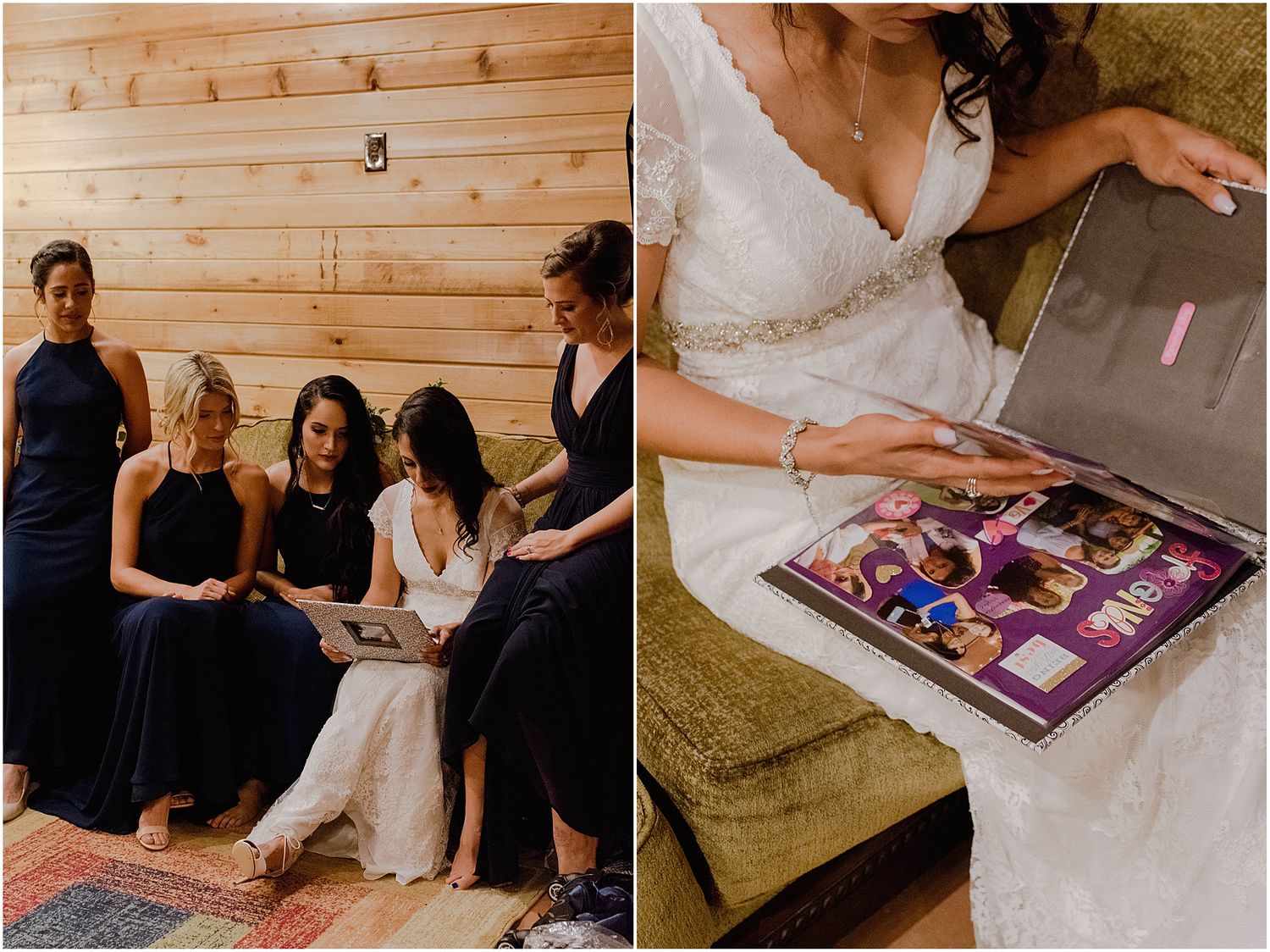 Wedding party looking through photo albums together in a rustic wood-paneled room.