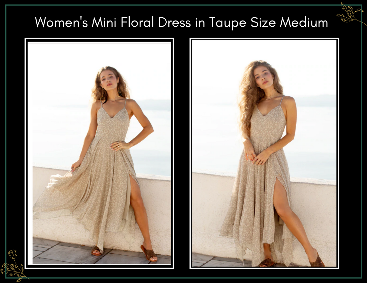 Womens mini floral dress in taupe size medium with V-neckline and side slit, shown in two poses.